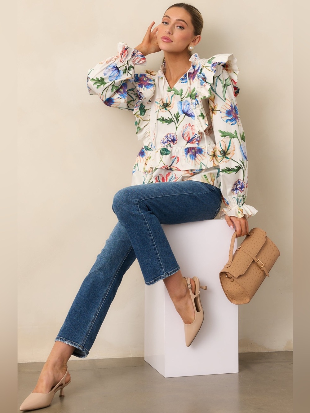 PROSPERINA FAYE IVORY MULTI FLORAL PRINT COTTON RUFFLE TOP NEW - Picture 2 of 7